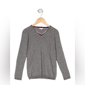 Gray Gucci woven web-trimmed sweater with a v-neckline.